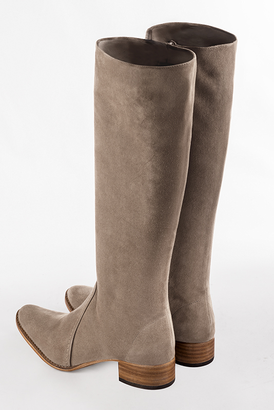 Custom-made women's sand beige elegant classic knee-high boots. Round toe. Thick leather soles - Rear view